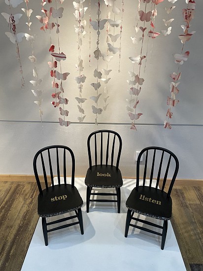 Sally Graves-Machlis & Delphine Keim, Stop, Look, and Listen
painted laser cut silk organza garlands, 3D printed and painted Milagros on children's painted chairs