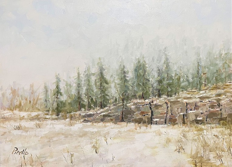 Dennis Pirello, First Snow/Off Upriver Drive First Snow on the Trees and Rocks.
2022, oil