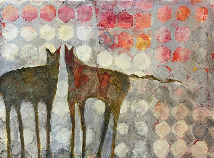 Andrea Morgan, Hexagon Horses
2024, Acrylic, paper collage, charcoal on repurposed door. Cold wax finish