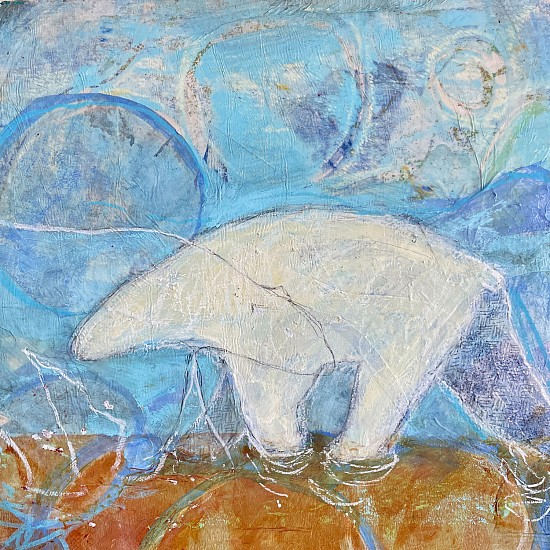Andrea Morgan, Thin Ice Bear #2
2023, Acrylic, paper collage, charcoal on cradled panel. Cold wax finish