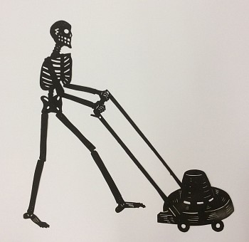 sil 0028 skeleton mowing the lawn