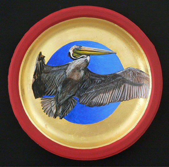 Mary Frances Dondelinger, Brown Pelican
2013, egg tempera, 23 c. gold, paper plate
