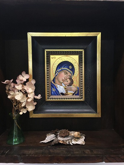 Mary Frances Dondelinger, Private Altar - Blue Madonna and Child
2014, egg tempera, 23 c gold, mixed media