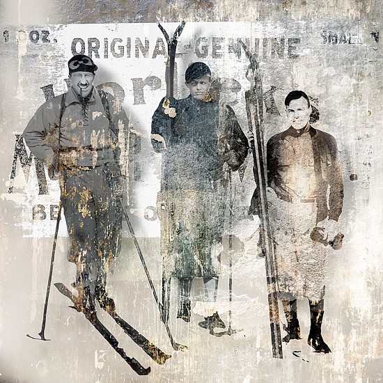 Stewart Anstead, Three Vintage Ski Men-Malted Milk
2023, Mixed media, paper acrylic on canvas