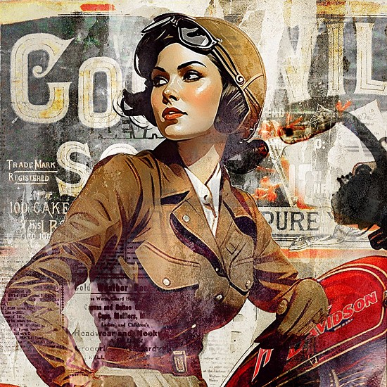 Stewart Anstead, Vintage Woman Motorcycle Rider1-Goodwill
2023, Mixed media, paper acrylic on canvas