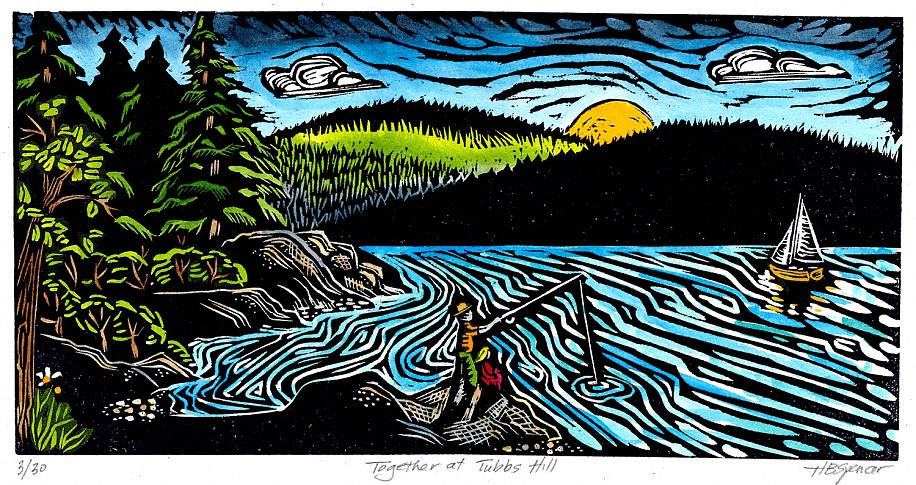 Hannah Spencer, Together at Tubbs Hill
woodblock watercolor